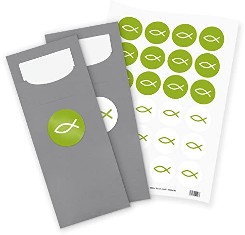 itenga 24x Bestecktaschen GRAU Fisch grün weiß Pochetten inkl. Serviette und Sticker Aufkleber Tischdeko Einweggeschirr passend für Kommunion Konfirmation