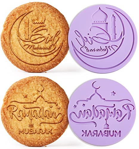 Ramadan Mubarak Cookie Stamp 2 Set Icing Fondant Embosser 3D Eid Stamp Cookie Cutters Purple Acrylic Mould Baking Accessories for Biscuit Cupcake Eid Celebrations Party Decor, 2.76 Inch (Classic)