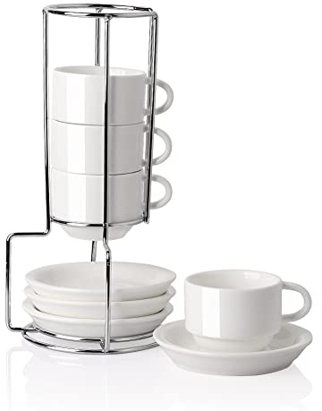 Sweejar Home Tazas de café espresso de porcelana con platillos, tazas apilables de capuchino de 70 ml con soporte de metal para bebidas de café, café con leche, té, juego de 4 (blanco)