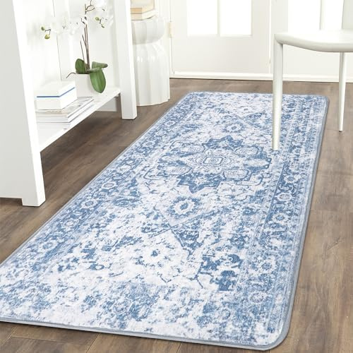 Famibay Läufer Teppiche für Flur, rutschfest, flauschig, Flur, Teppichläufer, waschbar, Boho-Teppich, Läufer, Eingangsteppich, Bodenmatte, Gummi-Rückseite, Läufermatten (blau, 60 x 120 cm)