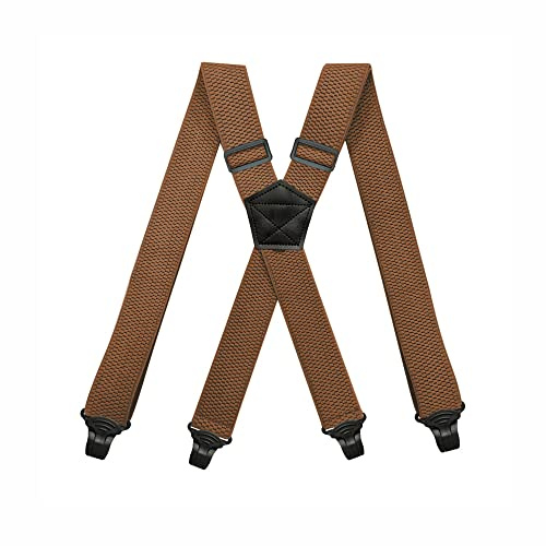 BaronHong Airport Friendly Suspenders,NO buzz Plastic 4 Clips 1.5 inch Fully Elastic Braces with Leather Patch Ski Suspenders(camel,M)