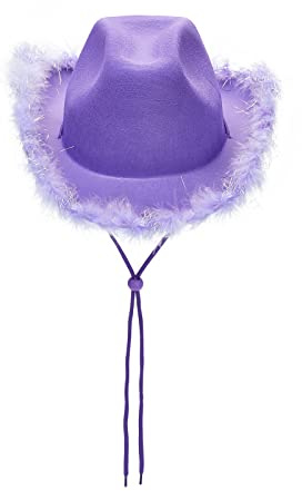 Niceyoeuk Chapeau de cowgirl pour femme - Chapeau de cowboy à bord en plumes duveteux pour vacances, fête costumée, déguisement, Halloween et cosplay (Violet01, 32 x 42 x 18 cm)