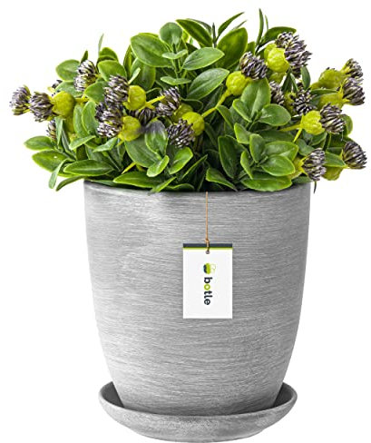 botle Macetero para flores de color gris oscuro con plato, redondo, 160 mm x 165 mm, superficie de cerámica mate, moderno glamour
