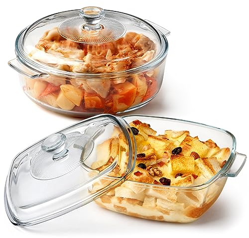 NUTRIUPS Glas-Auflaufform mit Deckel, rund 1.7L, quadrat 1.5L, ofenfest, borosilikatglas, transparent, 1.7 Liter, 1140 cm³