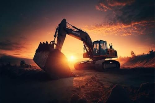 Tableau en aluminium composite 60 x 40 cm : une grande pelleteuse creuse sur un chantier au coucher du soleil Illustration cinématographique de l'heure d'or avec une (203044614)