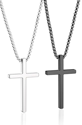 Romass 2 Pcs Cross Necklace for Men Boys,Stainless Steel Pendant Silver Black Crosses Chain Jewelry Gifts Box 16-30 inches（24in,Cross Pendant 1.2*0.7,Silver/Black）