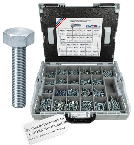 FRANTOS L-BOXX Sechskantschrauben Set DIN 933 (Stahl verzinkt) 1.500 tlg. Gewindeschrauben Maschinenschrauben Schrauben Sortiment Schraubensortiment