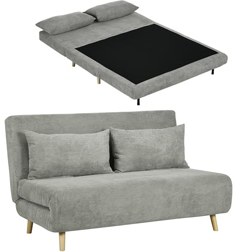 HOMCOM Divano Letto Matrimoniale con Schienale Regolabile in 3 Posizioni e 2 Cuscini, Divano Letto Clic Clac in Tessuto Effetto Lino Grigio