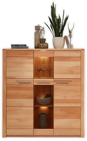 Nature ONE Highboard in Kernbuche Teil-massiv FSC-Zertifiziert - Moderner Wohnzimmerschrank mit viel Stauraum und LED-Beleuchtung - 127 x 137 x 40 cm (B/H/T)