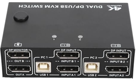 Gugxiom 8K 30Hz HDMI Dual KVM Switch, 2 Monitore 2 Computer 4K@120Hz USB 2.0 Extended Display KVM Switcher mit 4 USB Ports 2 DP Kabel 2 USB Kabel