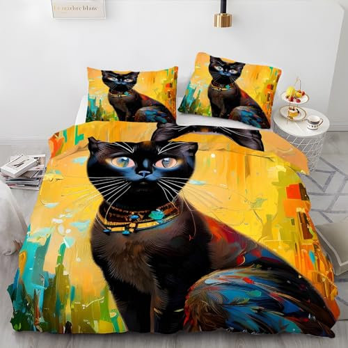 BettwäSche 220x240 Schwarze Katze Bettbezug mit 2 Kissenbezug 80x80 cm Weiche und Angenehme 120g Mikrofaser Bettwaren äGypten Bettwäsche-Sets 3-Teilig mit Reißverschluss für EinzelbettDoppelbett