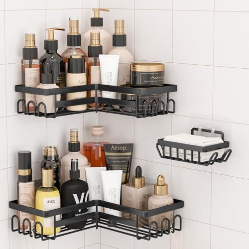 rigors 3 Stück Duschablage ohne Bohren, Duschablage Ecke mit Haken, Badezimmer Regal, Rostfrei Schwarz Duschregal für Shampoo und Duschgel, Badezimmer Organizer für Bad und Küche