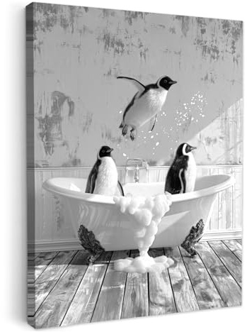 MuchoWow© Impression sur Toile Decoration Murale Peinture 30x40 cm Tableaux Decoratifs Muraux Déco Chambre Tableau Salon Pingouins - Bain - Salle de bain - Noir et blanc