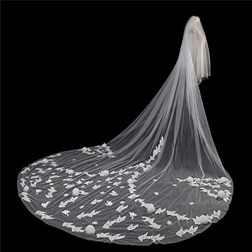 ABNNHK Hochzeitsschleier, wunderschöner weißer, elfenbeinfarbener Spitzenschleier mit Blumen, Kathedrale, Hochzeitsschleier, Langer Kamm, Hochzeitszubehör für die Brautparty (Farbe: Elfen