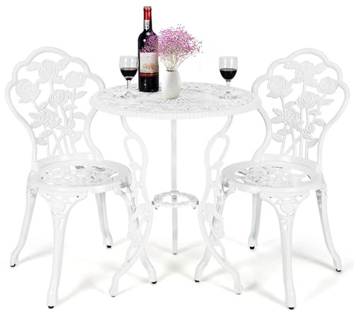 GIANTEX 3-teiliges Bistro Set, Bistrotisch mit 2 Stühlen, Gartenmöbel Set Aluminium, Gartenset Balkonset Antik, Runder Gartentisch, Balkonmöbel Garten Sitzgruppe 2 Sitzhocker Outdoor (Weiß)