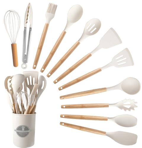 12PCS Ustensiles de Cuisine en Silicone, Ustensile Cuisine avec Porte-Ustensiles, Set Ustensile Cuisine Antiadhésifs avec Poignée en Bois, Cuisine Accessoires Passe au Lave-Vaisselle