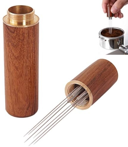 WDT Tool - Espresso Coffee Distributor - 6 Needles Stirrer - Aluminum Alloy with Stand - Stainless Steel Needles - Walnut Handle - Replaceable Needles - Coffee Accessories for Baristas