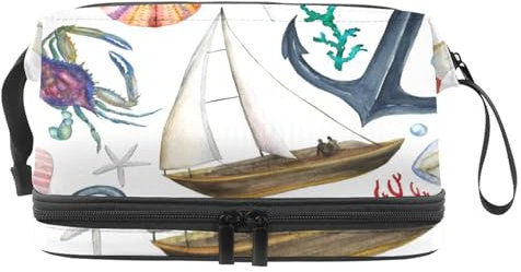 Anchor Lifebuoy Jackdaw Bird Boat Double Layer Cosmetic Bag for Women and Girls, Travel Toiletry Bag Makeup Handy Pouch Organiser Bag with Brush Compartment