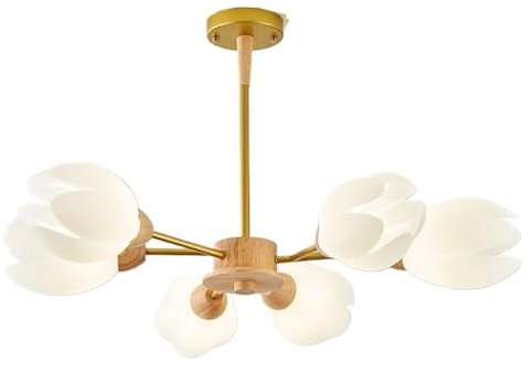 Chandelier, Pendant Light Lighting, LED Ceiling Light Fixture with Tulip Glass Shades, 6/8/10 Lights Wood for Dining Room, Living Room, Bedroom, (6 Lights)
