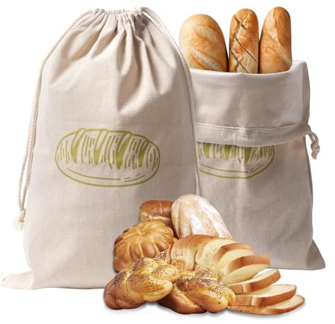 2 Pcs Natural Linen Bread Bag with Drawstring Cloth 30x40 cm Reusable Bread Storage Bags for Baking, Storage, Picnics