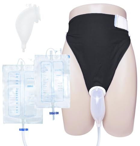 Colector de orina portátil con bolsa de silicona reutilizable con pantalón fijador transpirable con dos bolsas de drenaje urinario de 2000 ml, 1000 ml y 1,2 m, diseño de borde suave, para hombre