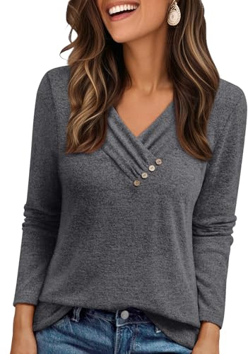 AUTOMET Womens Long Sleeve Tunic Top Lightweight Sweaters V Neck Button Shirts 2026 Dressy Casual Business Blouses Trendy Sweatshirt Fall Fashion Clothing DarkGrey M