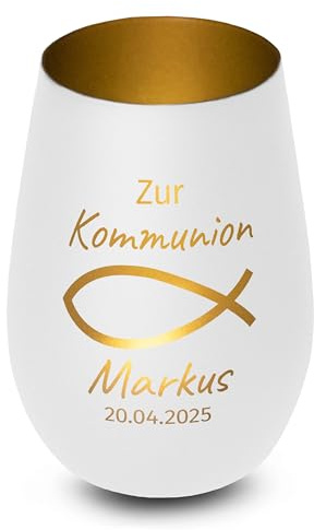 Christliches Windlicht „Zur Wunschtext“ – personalisiertes Geschenk zur Taufe, Kommunion, Konfirmation, Firmung – Name & Datum – Fisch-Symbol – christliche Deko - Weiß, innen Gold