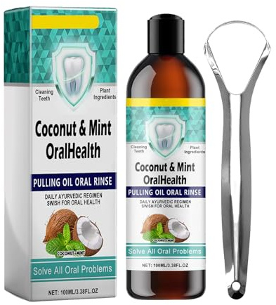 KOAHDE Bain de Bouche à l'Huile de Noix de Coco,Huile de Coco pour Une Haleine Fraîche,Rince-Bouche avec Grattoir à Langue,Bouche à l'Huile de Menthe avec Grattoir à Langue,100ML,1PC