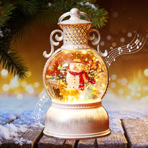 Weihnachtsdeko Laterne, LED Kugellaterne, Weihnachts Schneekugel Laterne mit Musik, Aufhängbar Weihnachtslaterne mit Schneegestöber, Vintage Laterne Weihnachten für Kamins Tischdeko