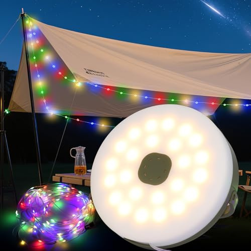 Lam(MS)pen Guirlande de camping enroulable de 10 m, guirlande lumineuse extérieure portable et étanche, guirlande lumineuse d'extérieur timmer, réglable en intensité, rechargeable par USB, 8 modes d'é