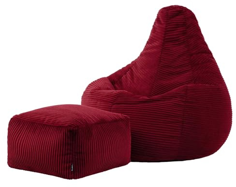 Icon Dalton Sitzsack mit Hocker Cord, Burgund, Gaming Sitzsack Erwachsene mit Füllung, Bean Bag, Cord Sessel, Lounge Sessel, Lounge Stuhl, Schlafzimmer, Wohnzimmer, Wohnzimmer Möbel