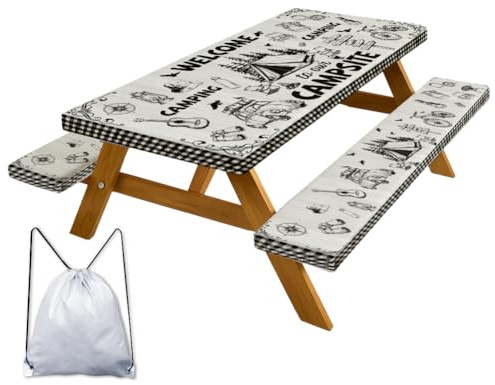 ANATTASOUL Mantel de mesa de picnic con fundas de banco, tienda de campaña y coche, mantel impermeable para patio con bordes elásticos, 72 x 30 pulgadas, resistente al viento, esencial para acampar al