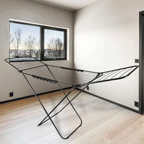 Gr8 Home Black Winged Clothes Airer Drying Rack Foldable Towel Rail Portable Compact Folding Laundry Horse Washing Line Storage Stand 22 Bar 18m