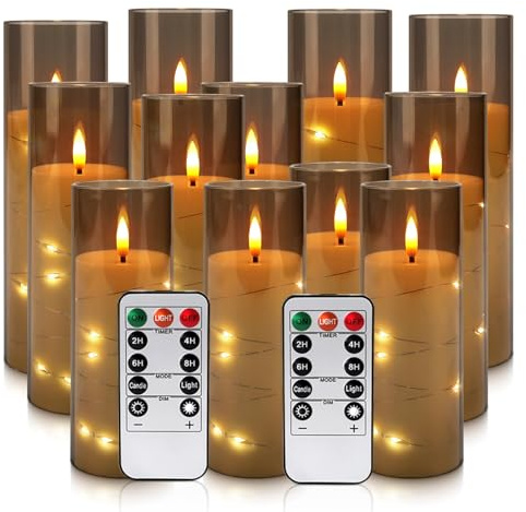 LIVEN Flickering Flameless Candles Battery Operated with Remote,Led Pillar Candles with Realistic Moving Wick Candles for Halloween,Christmas,Home Decor Pack of 12 (D2.2 xH 5 6 7)(Grey)
