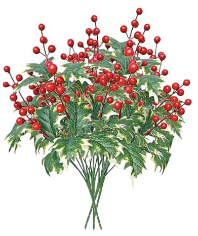 Fictory 4 tallos artificiales de bayas de Navidad con 7 cabezas, ramitas de acebo para árbol de Navidad, corona y decoración del hogar de vacaciones