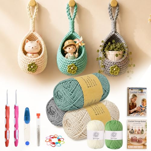 Yarnger Crochet Hanging Basket, Teardrop Hanging Basket Crochet Kit, Include Step-by-Step Instruction, Easy Thick Yarn, Crochet Hooks, Practical Crochet Kit for Beginners (Lake Blue/White/Light Gray)