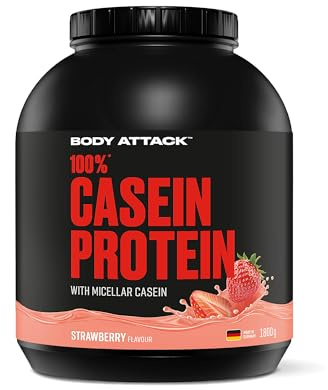 Body Attack 100% CASEIN PROTEIN - Strawberry, 1,8 kg Dose - Hochwertiges Protein Pulver für Muskelaufbau Training - langanhaltende Eiweiß Versorgung -ideale Ergänzung zu Whey Protein