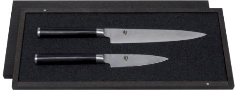 KAI Shun Classic japanisches Kochmesser 2er Set -Allzweckmesser 15 cm Klingenlänge + Officemesser 9 cm Klingenlänge - Damastmesser 32 Lagen VG MAX Kern - 61 (±1) HRC - Pakkaholz- Küchenmesser Set