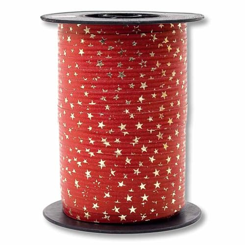 Geschenkband, Polyband, Packpapieroberfläche, Rot/Gold, Sterne, 10mm x 100m, 1 Rolle(n)