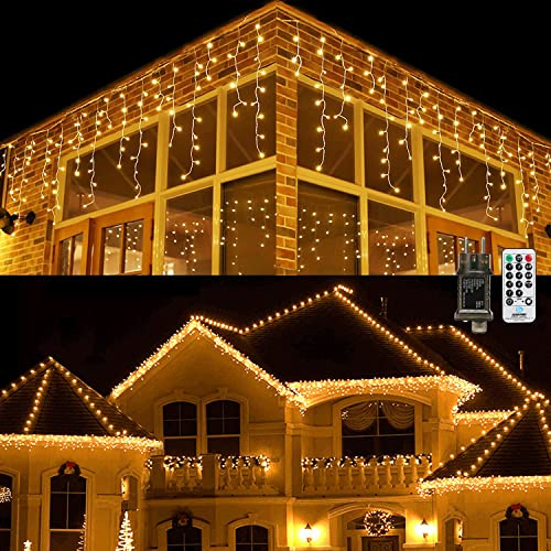 Qedertek Eisregen Lichterkette Außen 5.4M 216 LED Warmweiß Lichtervorhang Weihnachtsbeleuchtung mit Fernbedienung, Timer, 8 Modi, Wasserdicht Eiszapfen für Balkon Geländer Weihnacht Deko