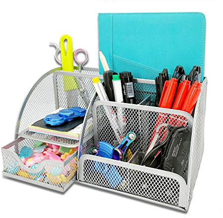 MDHAND Organisateur de bureau et accessoire, organisation de bureau en filet, organisateurs de bureau et rangement avec tiroir (Argent)