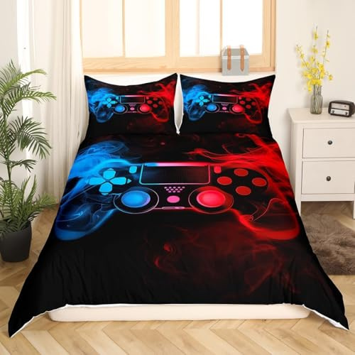Teens Spieler Bettbezug 155X220,Jungen Spiel Joysticks Reversibel Bettwäsche-Set,Kinderspielkonsolen-Trösterbezug,Gampad Videospiele Tagesdecken,Alte Retro Spielmaschine Schlafzimmer Dekor Rot Blau