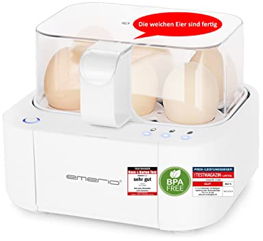 Emerio El mejor hervidor de huevos EB-115560 cocina los tres niveles de cocción [suave|medio|duro] en un solo proceso de cocción con un resultado perfecto y salida de voz, único en tecnología y