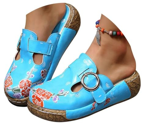 ticticlily Sabots Femme Compensées Clogs Mules Plates Plateforme Sandales en Cuir Eté Pantoufles Chaussures Confort pour Pieds Larges Bleu 38 EU