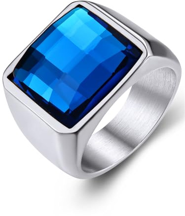 GoldChic Anillo Promesa Sello Cuadrado Acero Hombre Esposo, Incrustado Cristal Azul Talla 67 Anillo Titanio