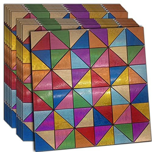 XUANINY 12-Sheet Peel and Stick Backsplash Tiles, Rainbow Triangle Aluminum Surface Metal Mosaic Sticker, Rainbow-Colored Wall Sticker for Living Room, RV，Bar (11.81x11.81) (12, Rainbow Colored)
