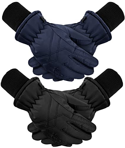 SATINIOR 2 Paar Kinder Winter Skihandschuhe Winddichte Kleinkinder Snowboard Handschuhe (Schwarz, Marineblau, 8-11 Jahre)
