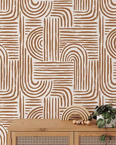 Coloritto Minimalist Abstract Lines Wallpaper | Removable Self Adhesive Brown Boho Wallpaper | Geometrical Rounded Lines Peel and Stick Wallpaper (Sample 12 W x 8 H)