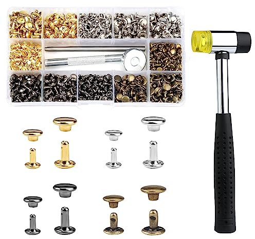 Jinsion 480 PCS Nieten für Leder, 6×6mm 8×8mm Handgefertigt Hohlnieten Doppelkappe, Dauerhaft Ledernieten, Leder Nieten mit Stanzzange für DIY Lederhandwerk Kleidung Tasche Gürtel Schuhe(4 Farben)
