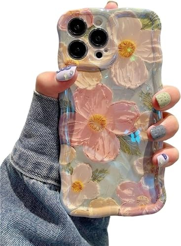 EYZUTAK Handyhülle für iPhone 13 Pro,Bunte Ölgemälde Blume Handyhülle mit Laserblume Lockiges Wellen Rahmenform Soft TPU Case Ultradünne Silikon Case mit Anti-Kratzen Schutzhülle Bumper Cover-Grün